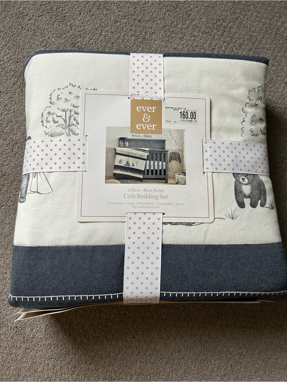 NEW Bear Picnic Crib Bedding Set in Gray and Cream